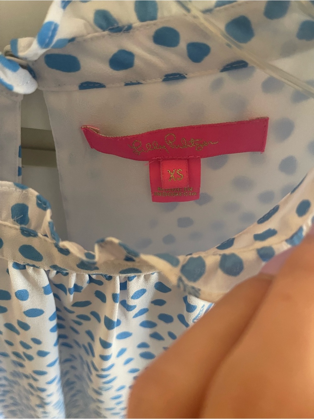 Lilly Pulitzer Sleeves Blue Dots Ruffle Neck - Size XS - Picture 2 of 3